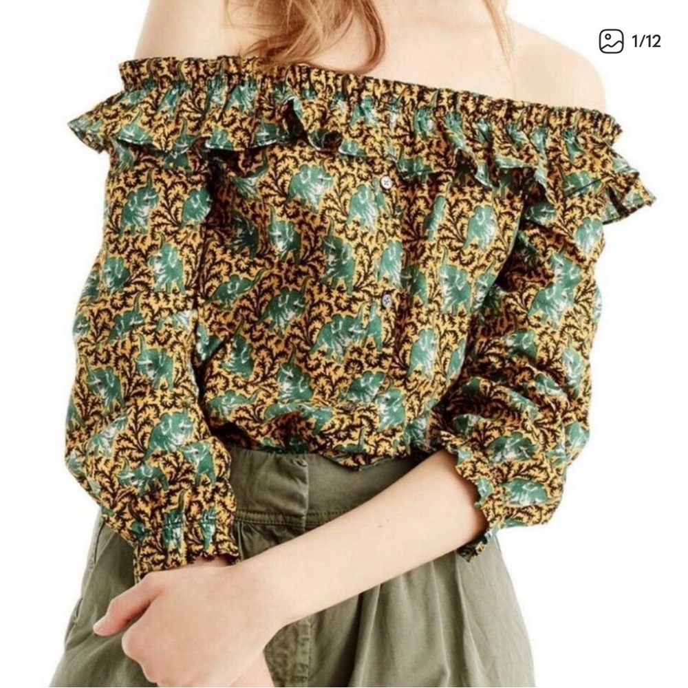 J.Crew Ratti Elephant Print Ruffle Off-the-Shoulder Blouse